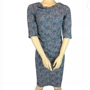 VTG Sara Campbell The Faye Sheath Dress Women's Size 2 Cowl Neck Blue Jacquard